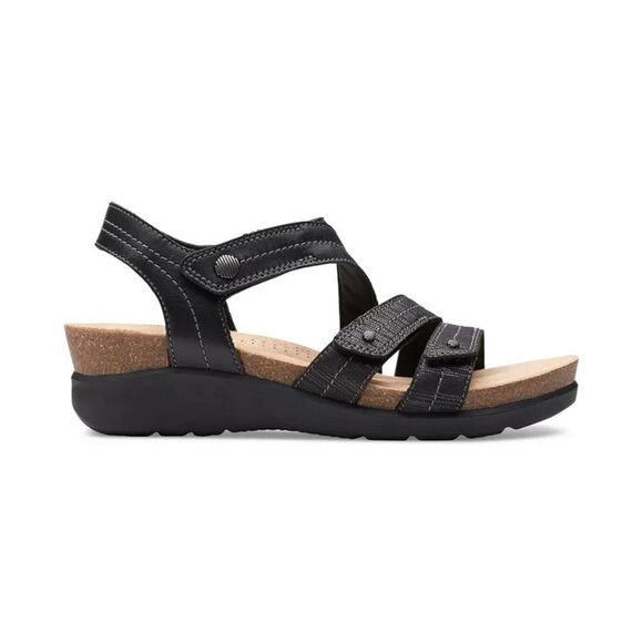 Clarks Calenne Clara Strappy Wedge Sandals Leather 7 Black MSRP $95 - Picture 3 of 5